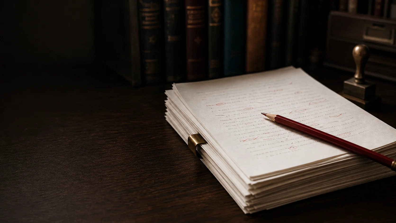 A marked manuscript and red pencil on a dark wooden editor’s desk