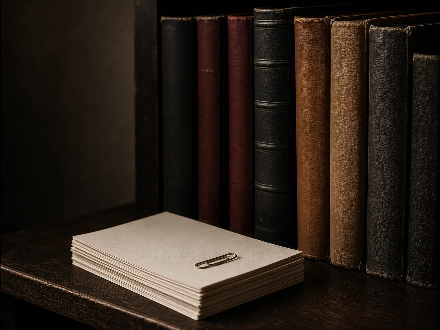 Vintage reference books and a neat stack of manuscript pages